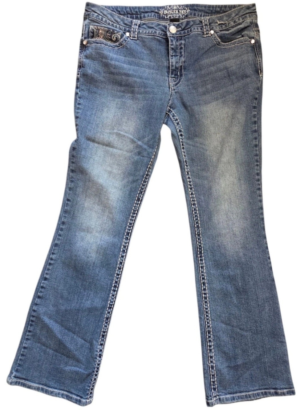 Paisley Sky Women's Mid-Rise Bootcut Jeans in Faded Blue Embellished Size 14